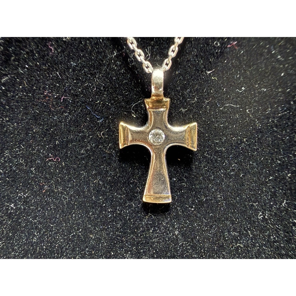 Gold Plated Vermeil Sterling Silver 925 Diamond Cross Pendant Necklace Italy